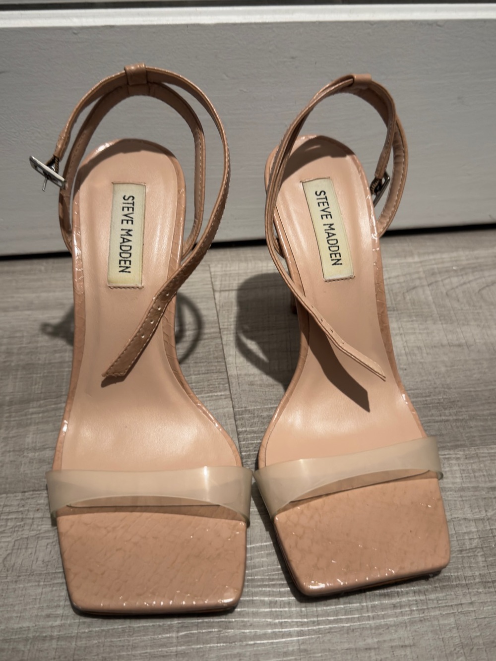 Steve Madden Beige Clear Strap Square-Toe Heeled Sandals